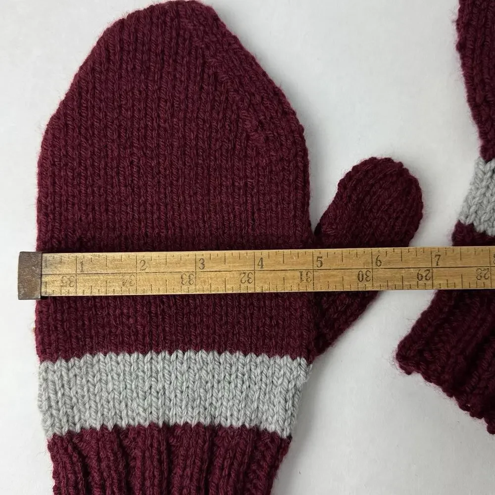 Hand Knit Mittens Burgundy Wine Red‎ Gray Stripe Adult 10”x5”